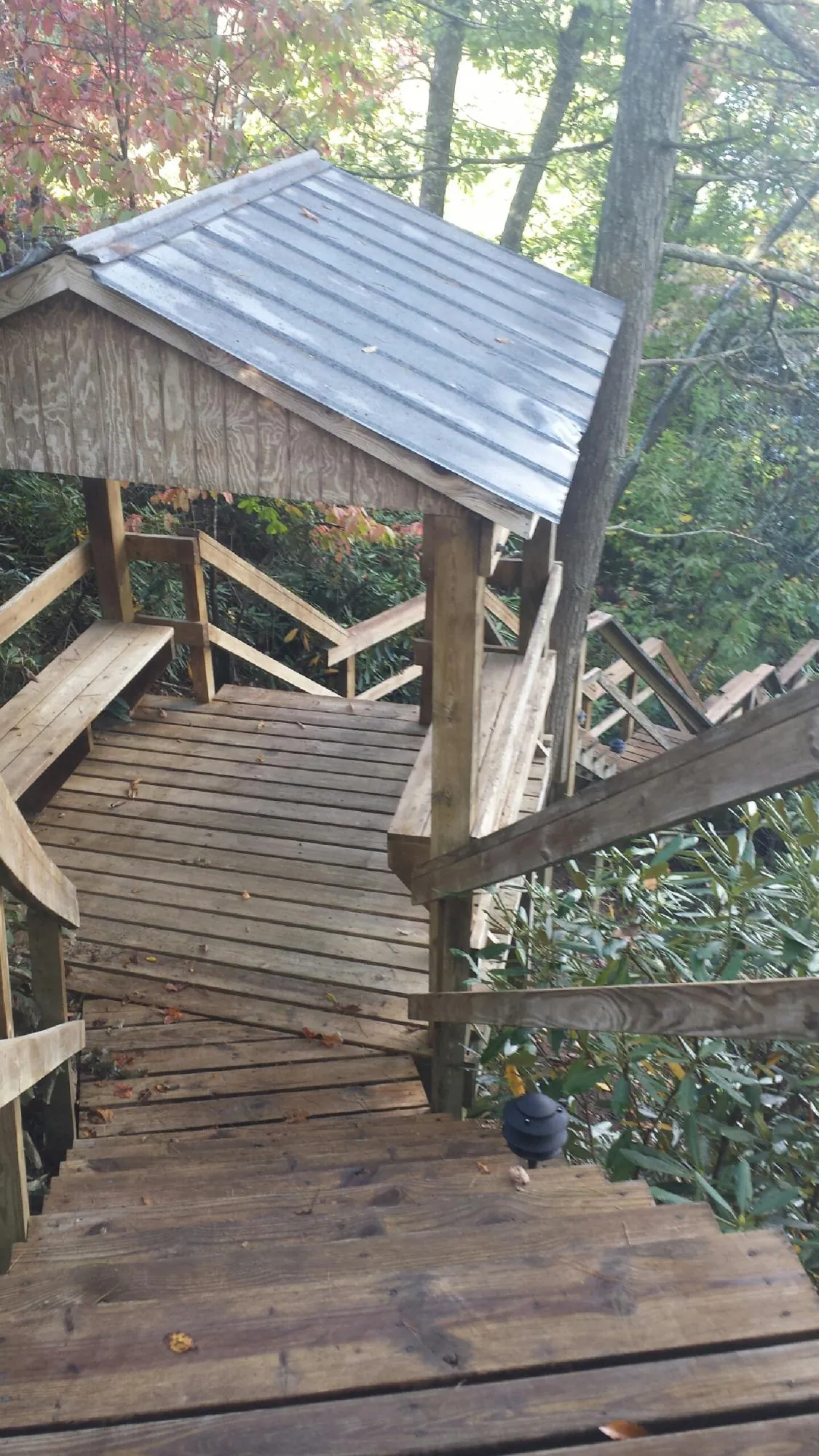 Metal roofed shelter over wooden steps on a wooded walkway — Skylight Repair & Installation work by our crew in Hartly